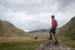 Hombre sobre una roca contemplando el paisaje de la extensa llanura verde de Aguas Tuertas en los Pirineos